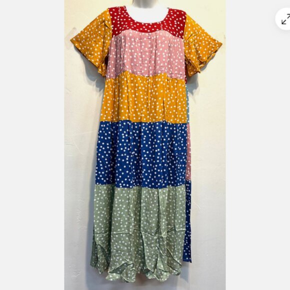 Nwt SACRED THREADS polka dots funky hippy button rayon tier DRESS L - Picture 2 of 4